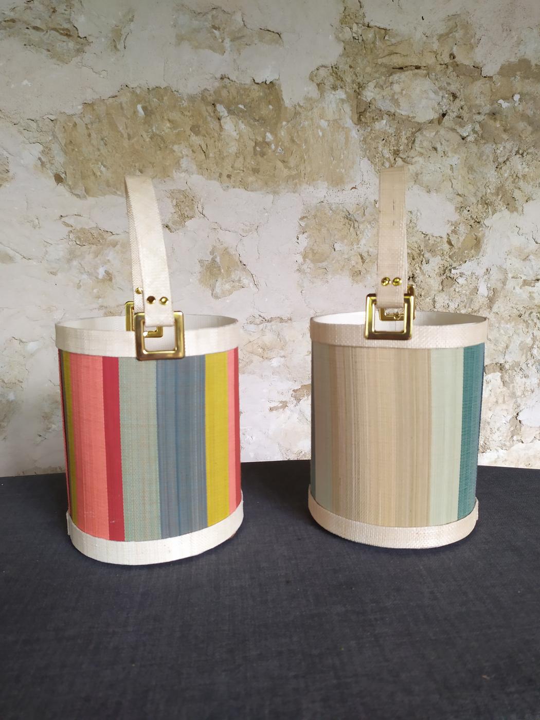 Duo de sacs seau rayés, vert d'eau et multicolore